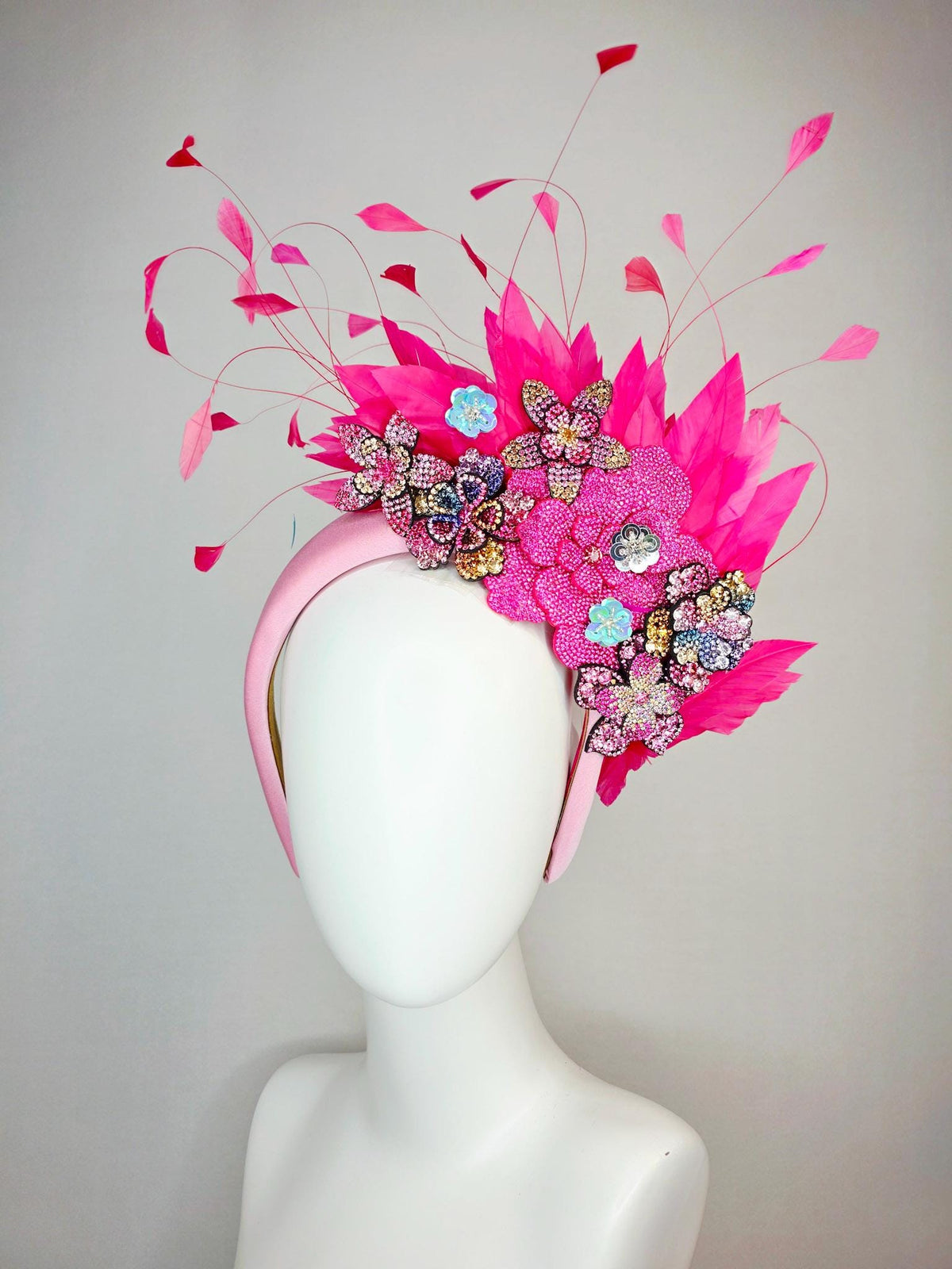 kentucky derby hat fascinator light pink satin headband with light hot pink purple blue gold crystal flowers and hot fuchsia pink feathers