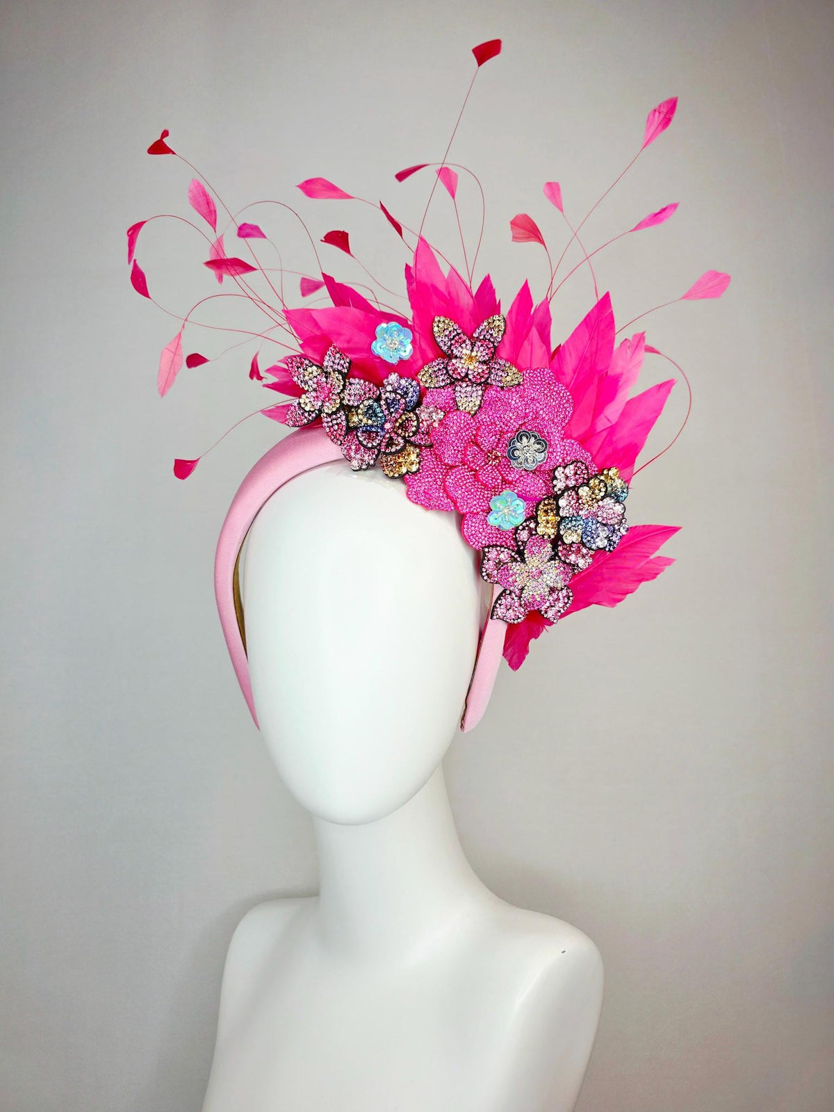 kentucky derby hat fascinator light pink satin headband with light hot pink purple blue gold crystal flowers and hot fuchsia pink feathers