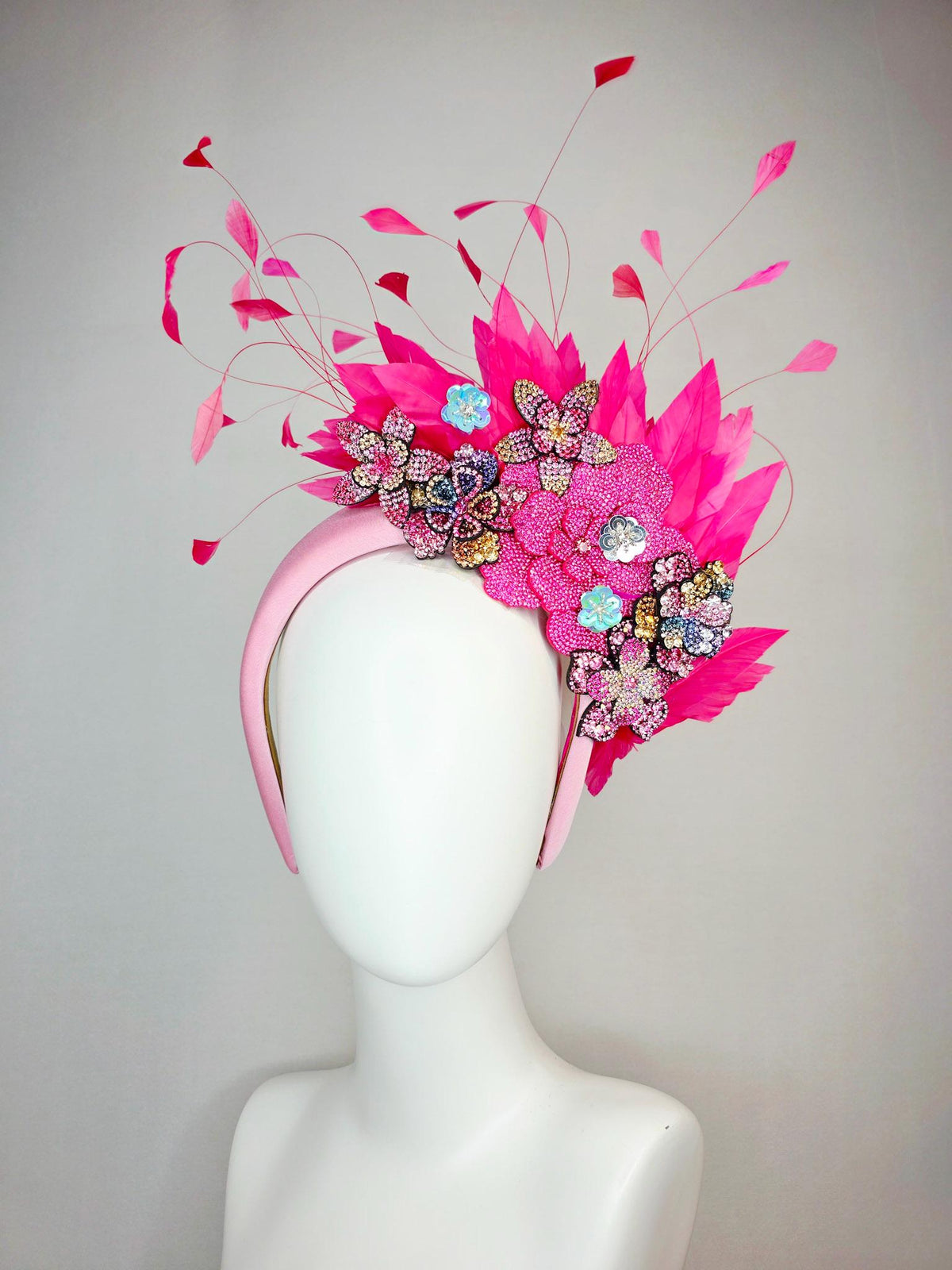 kentucky derby hat fascinator light pink satin headband with light hot pink purple blue gold crystal flowers and hot fuchsia pink feathers