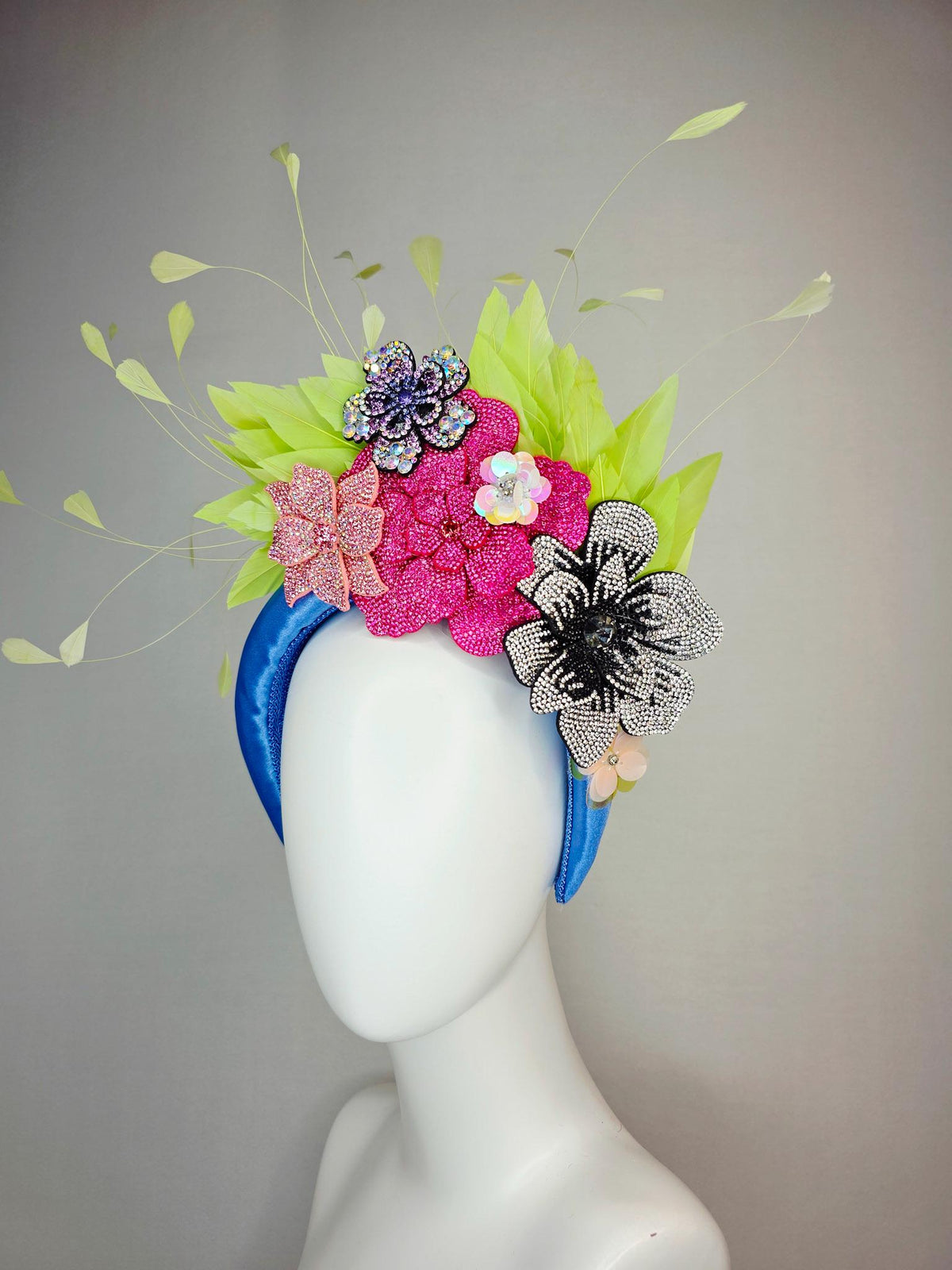 kentucky derby hat fascinator cobalt blue satin headband with silver black pink iridescent pink purple crystal flowers lime green feathers