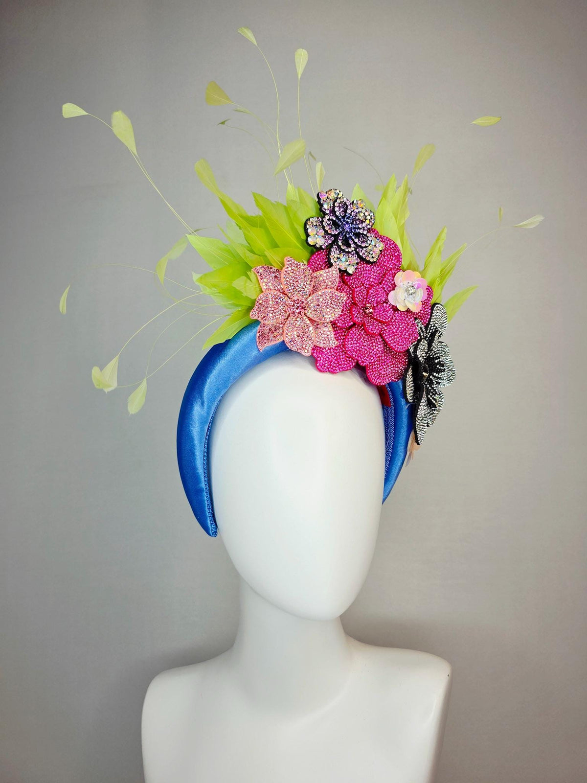 kentucky derby hat fascinator cobalt blue satin headband with silver black pink iridescent pink purple crystal flowers lime green feathers