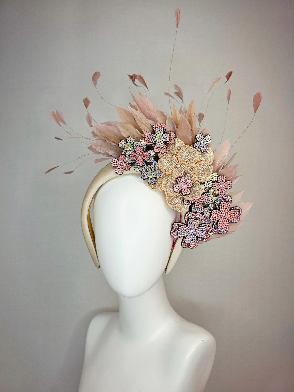 kentucky derby hat fascinator champagne beige satin headband iridescent purple light pink gold crystal flowers dusty rose beige tan feathers