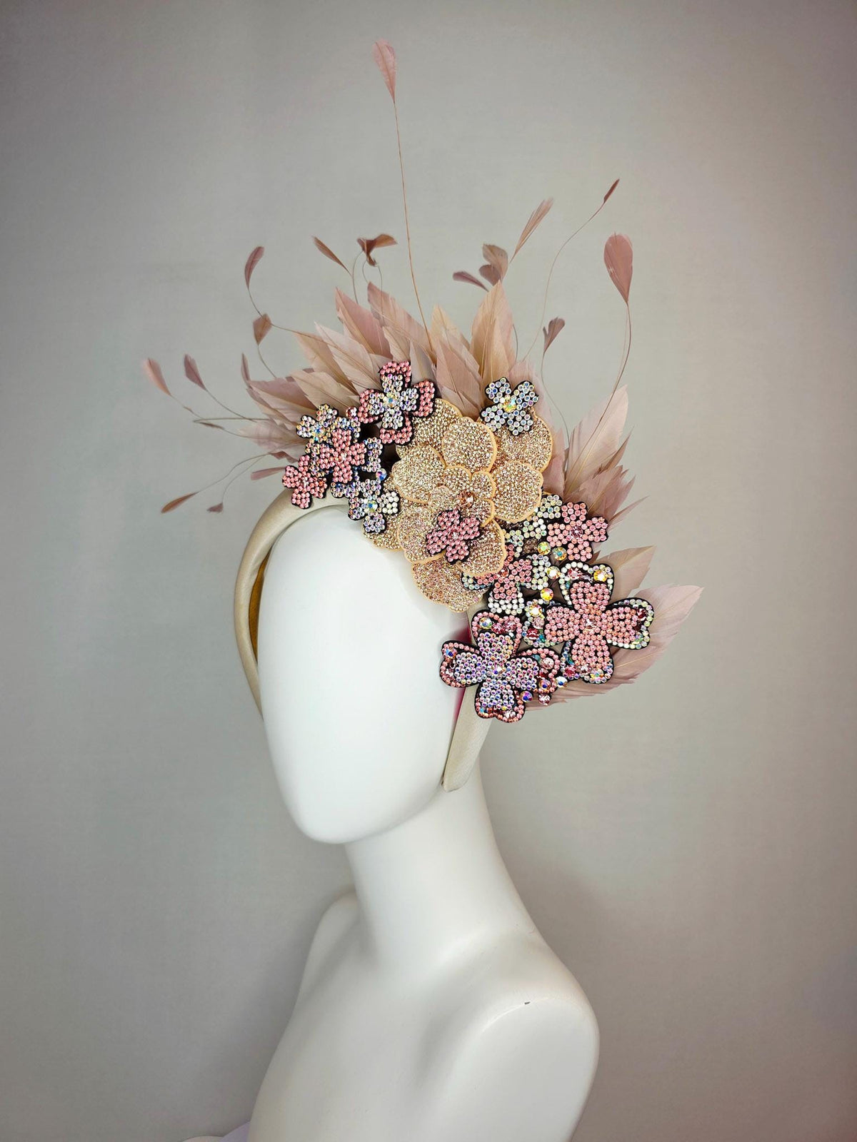 kentucky derby hat fascinator champagne beige satin headband iridescent purple light pink gold crystal flowers dusty rose beige tan feathers