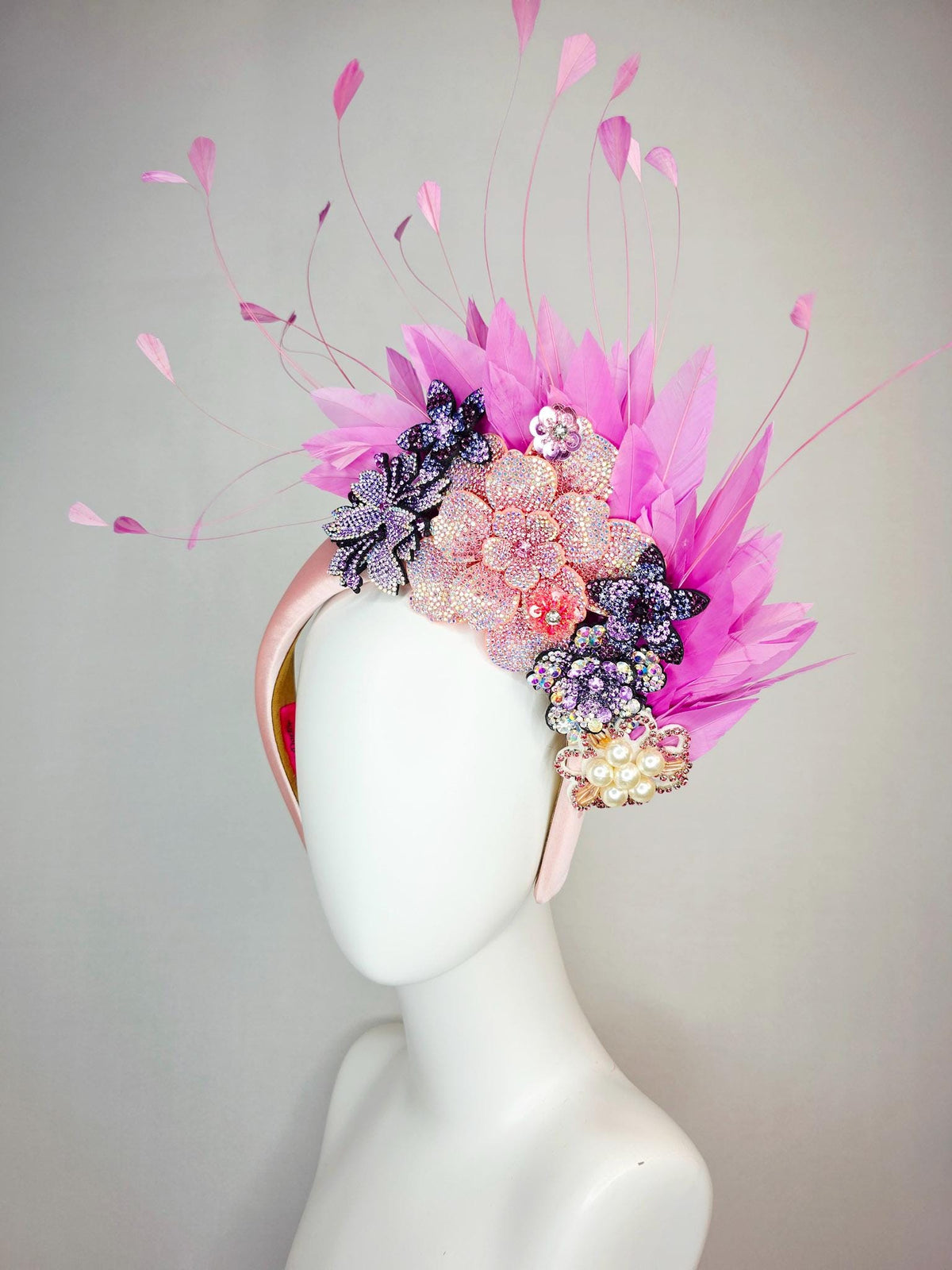kentucky derby hat fascinator light pink satin headband iridescent pink lavender purple pearl crystal flowers lilac pink branching feathers