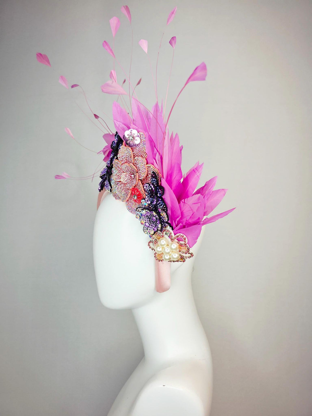 kentucky derby hat fascinator light pink satin headband iridescent pink lavender purple pearl crystal flowers lilac pink branching feathers