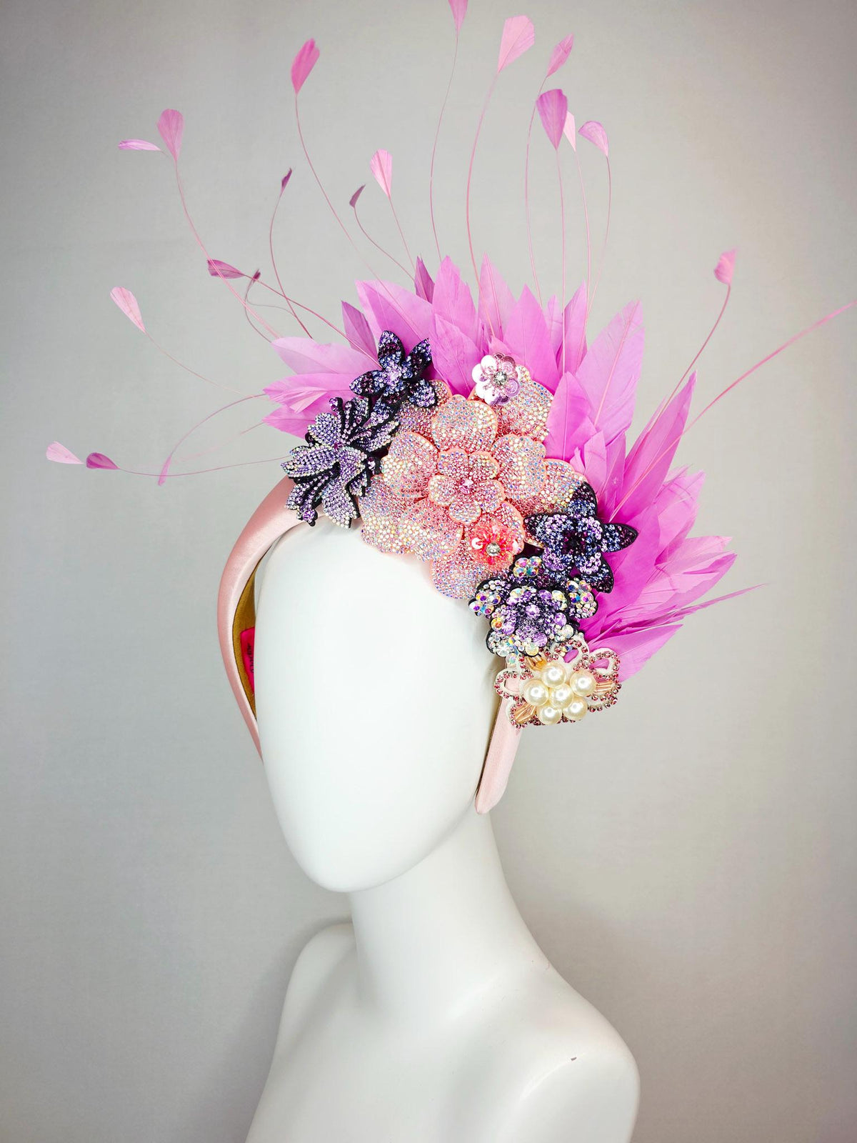 kentucky derby hat fascinator light pink satin headband iridescent pink lavender purple pearl crystal flowers lilac pink branching feathers