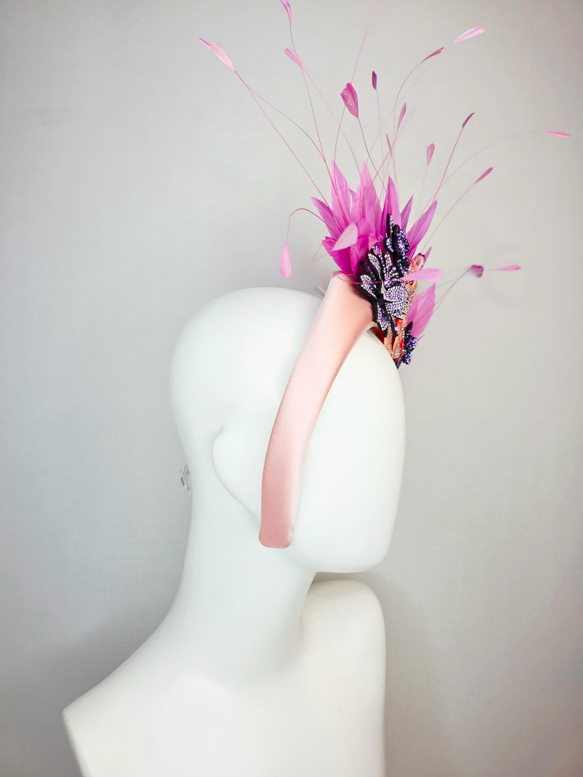 kentucky derby hat fascinator light pink satin headband iridescent pink lavender purple pearl crystal flowers lilac pink branching feathers