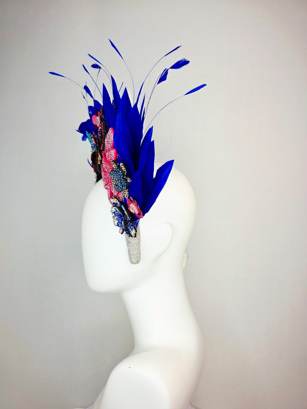 kentucky derby hat fascinator Swarovski crystal headband with blue yellow gold red pink crystal flowers and cobalt royal blue feathers