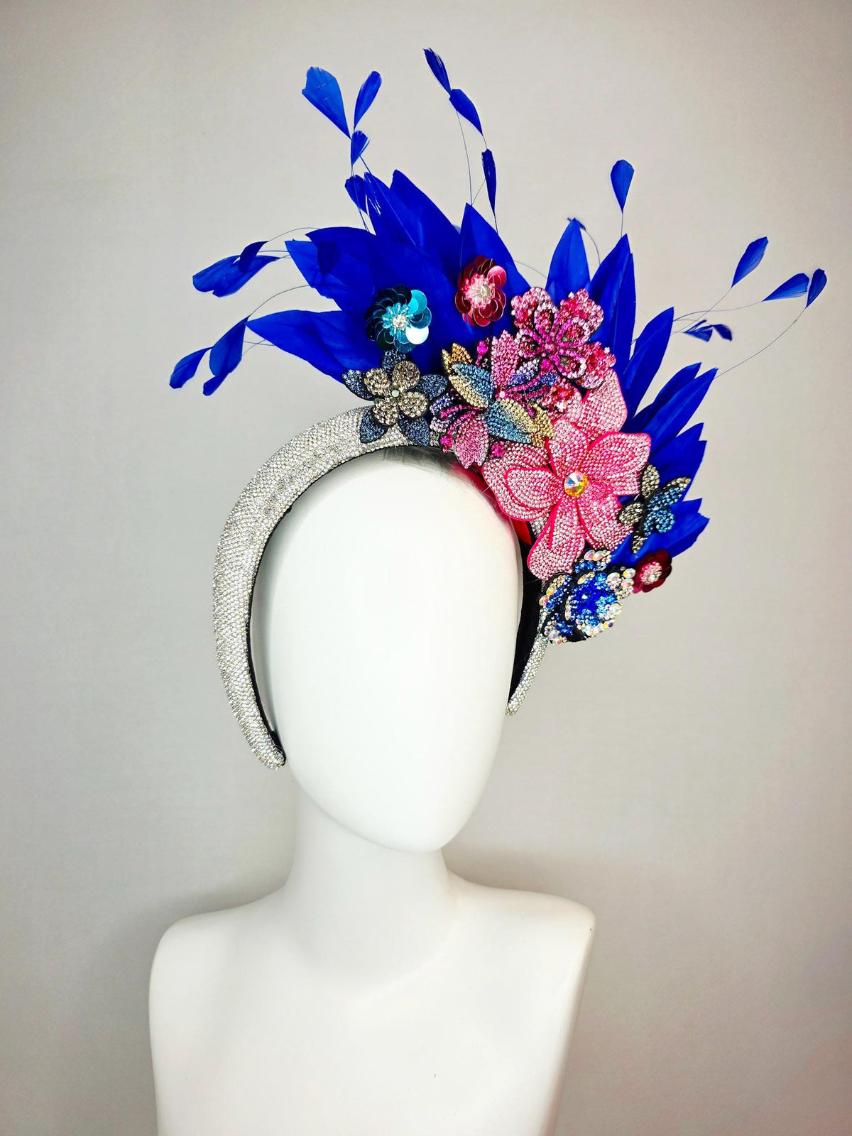 kentucky derby hat fascinator Swarovski crystal headband with blue yellow gold red pink crystal flowers and cobalt royal blue feathers
