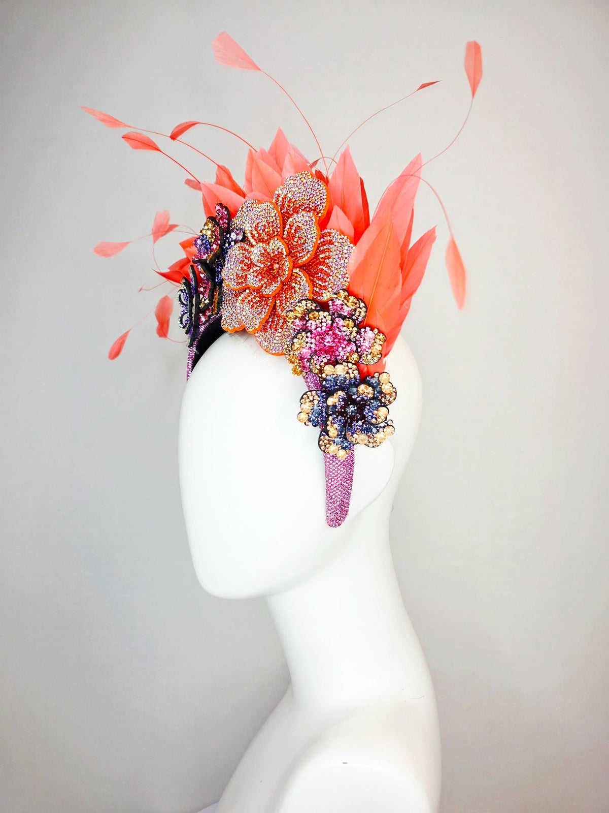 kentucky derby hat fascinator pink Swarovski crystal headband lavender purple pink blue gold orange crystal flowers coral orange feathers