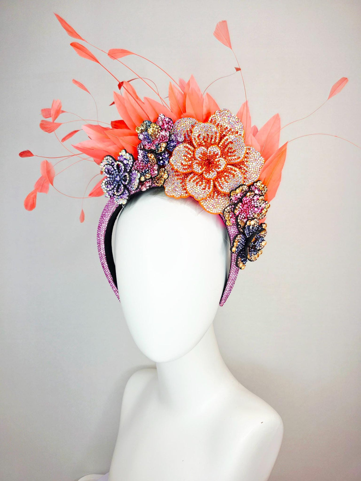 kentucky derby hat fascinator pink Swarovski crystal headband lavender purple pink blue gold orange crystal flowers coral orange feathers