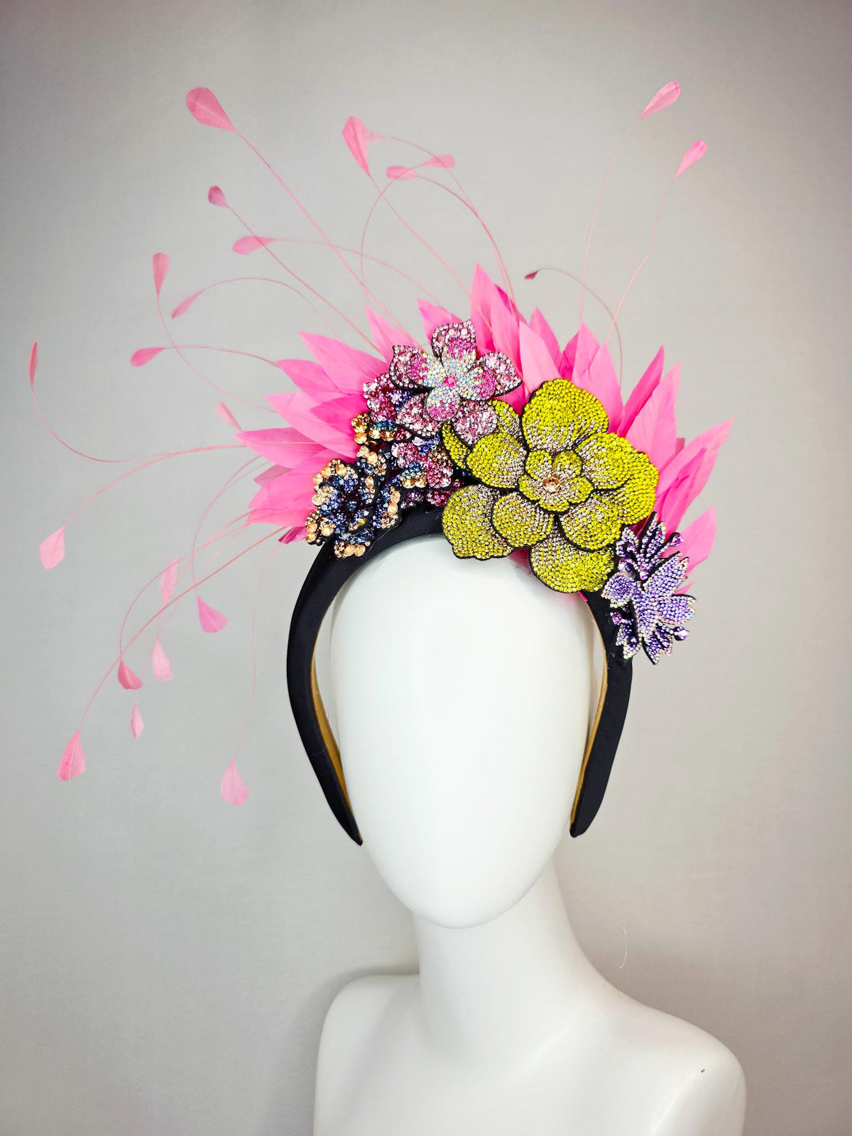 kentucky derby hat fascinator black satin headband with colorful lavender purple gold blue pink yellow crystal flowers blush pink feathers