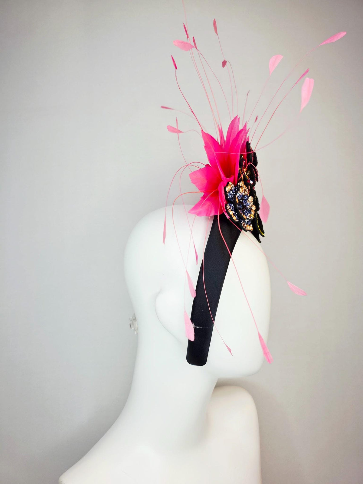 kentucky derby hat fascinator black satin headband with colorful lavender purple gold blue pink yellow crystal flowers blush pink feathers