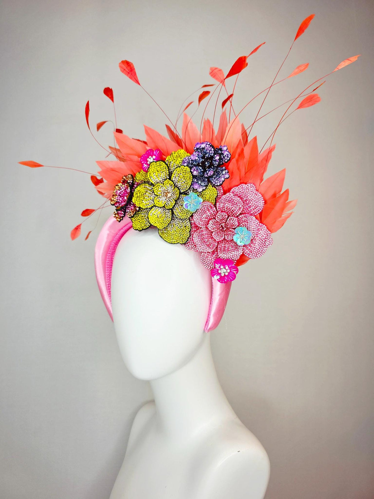 kentucky derby hat fascinator baby pink satin headband with colorful lavender purple yellow pink gold crystal flowers coral orange feathers