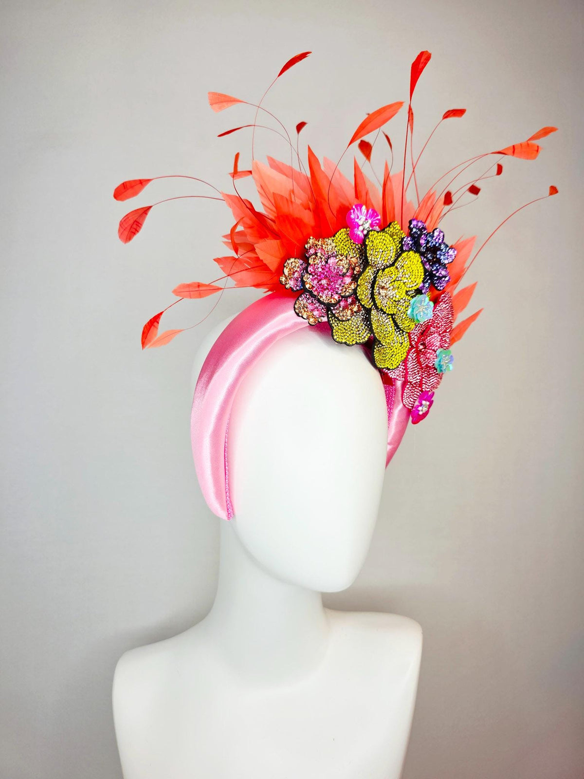kentucky derby hat fascinator baby pink satin headband with colorful lavender purple yellow pink gold crystal flowers coral orange feathers