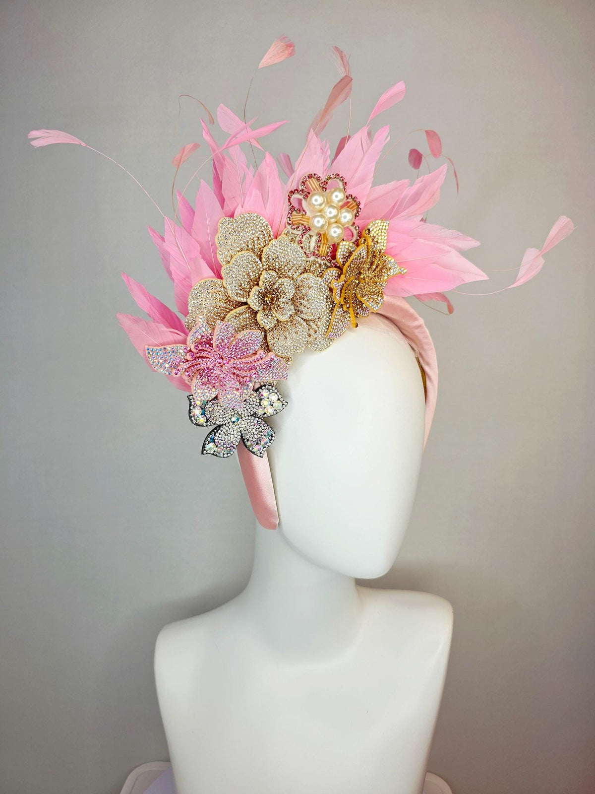 kentucky derby hat fascinator light pink satin headband iridescent pink cooper gold pearl crystal flowers and baby pink branching feathers
