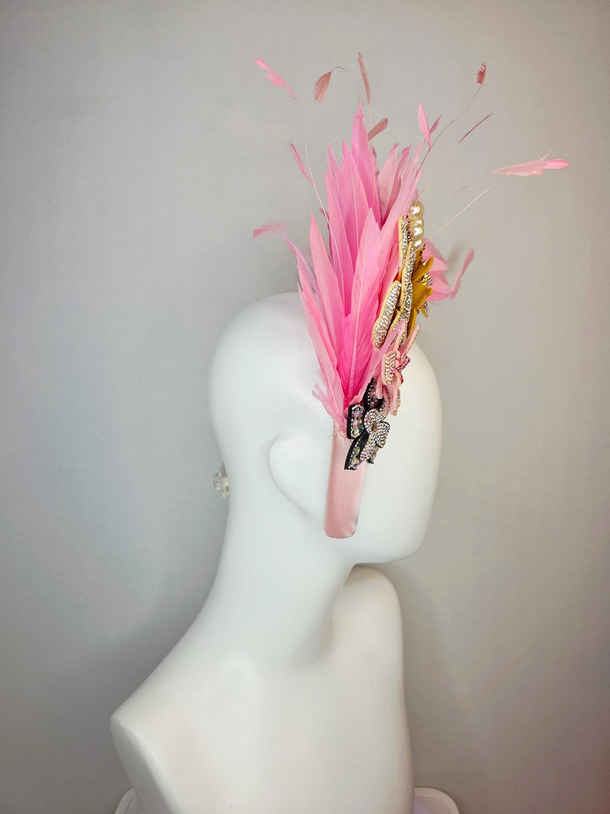 kentucky derby hat fascinator light pink satin headband iridescent pink cooper gold pearl crystal flowers and baby pink branching feathers
