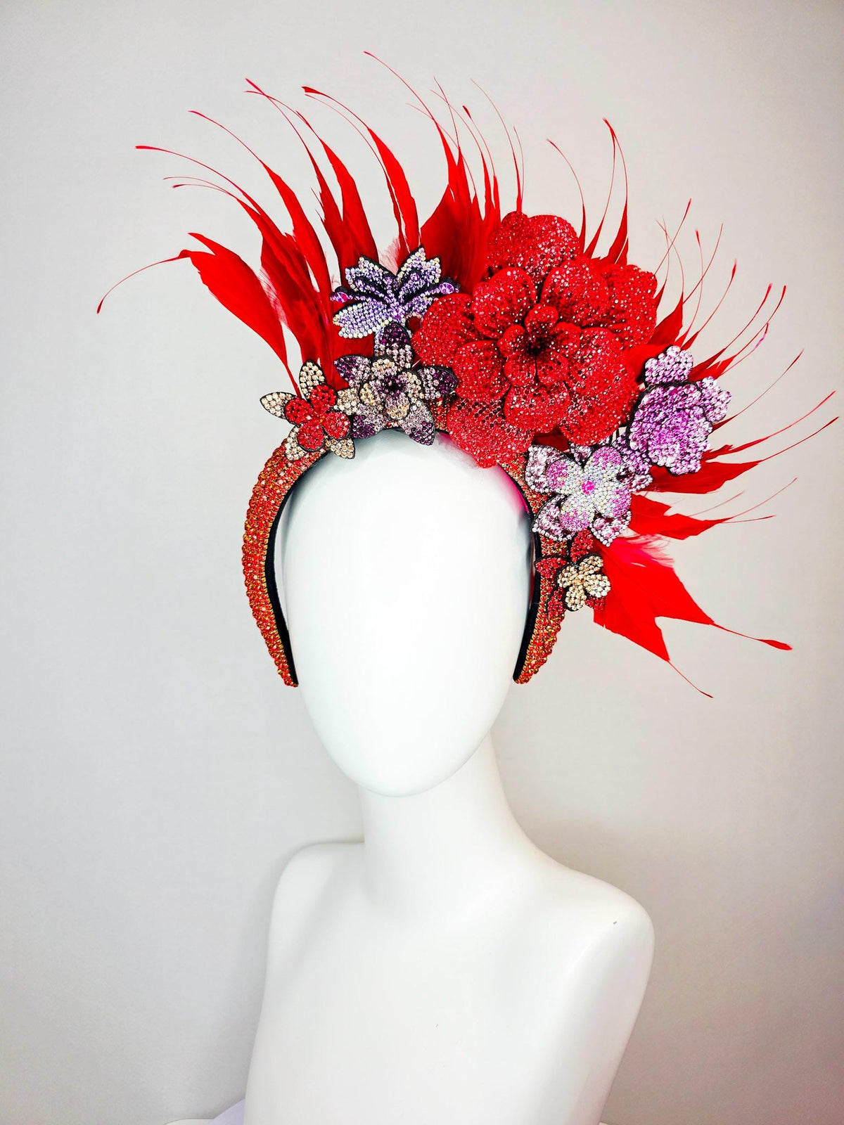 kentucky derby hat fascinator red Swarovski crystal headband with lavender lilac purple pink gold red crystal flowers scarlet red feathers