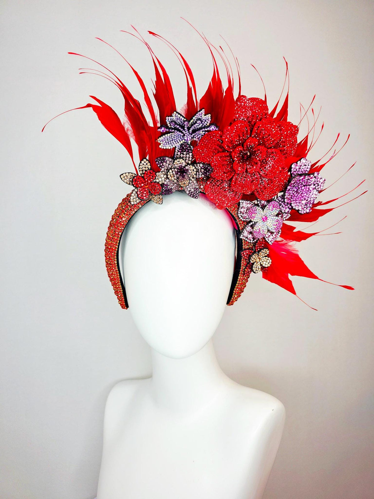 kentucky derby hat fascinator red Swarovski crystal headband with lavender lilac purple pink gold red crystal flowers scarlet red feathers
