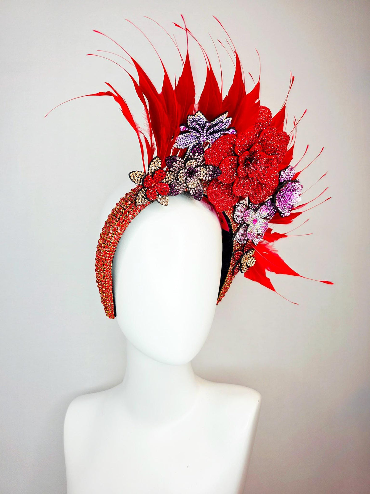 kentucky derby hat fascinator red Swarovski crystal headband with lavender lilac purple pink gold red crystal flowers scarlet red feathers