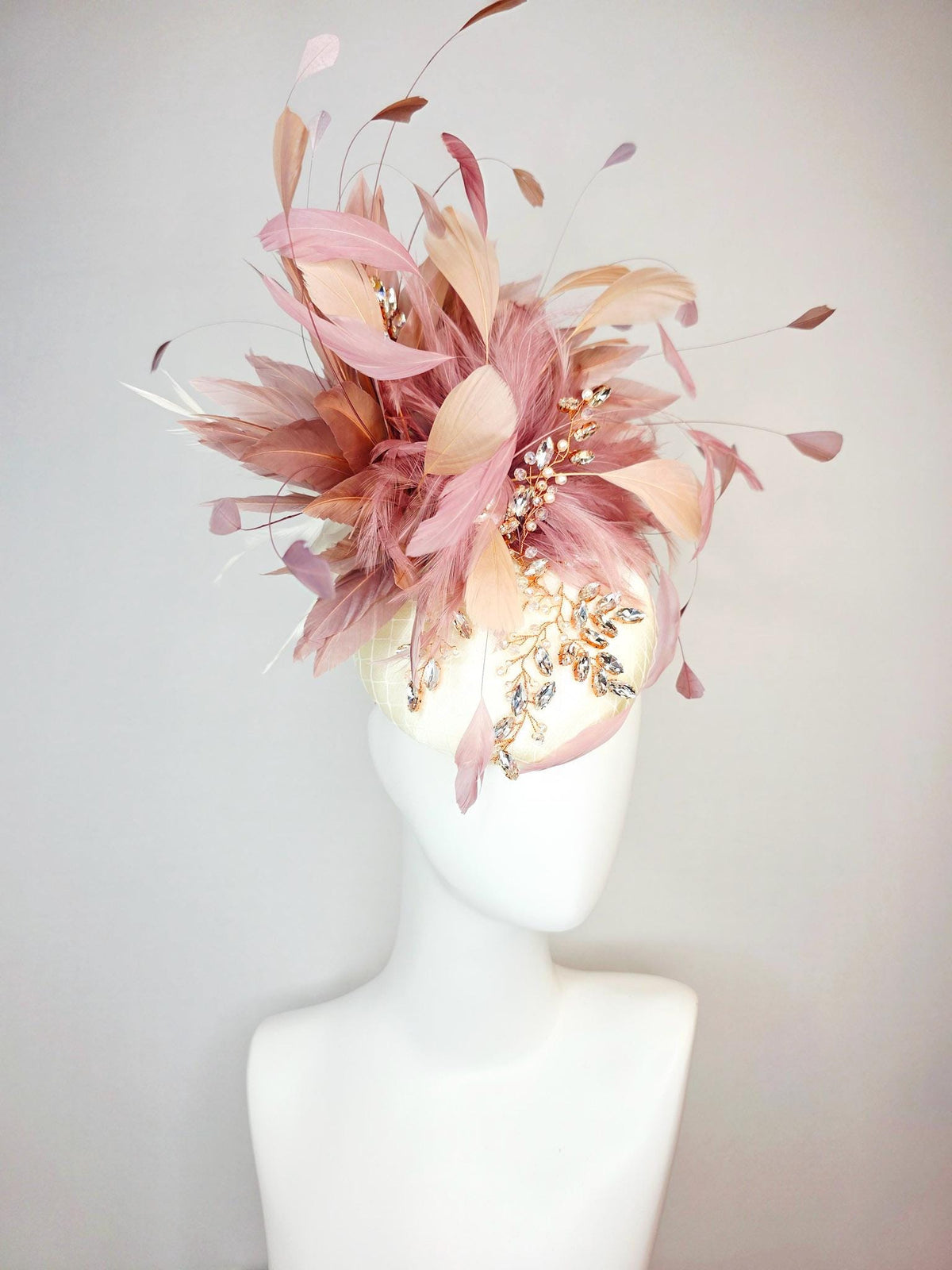 kentucky derby hat fascinator champagne ivory satin with netting leaf vine crystal pearl rhinestone dusty rose mauve pink white feathers