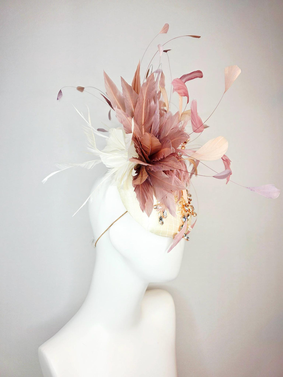 kentucky derby hat fascinator champagne ivory satin with netting leaf vine crystal pearl rhinestone dusty rose mauve pink white feathers
