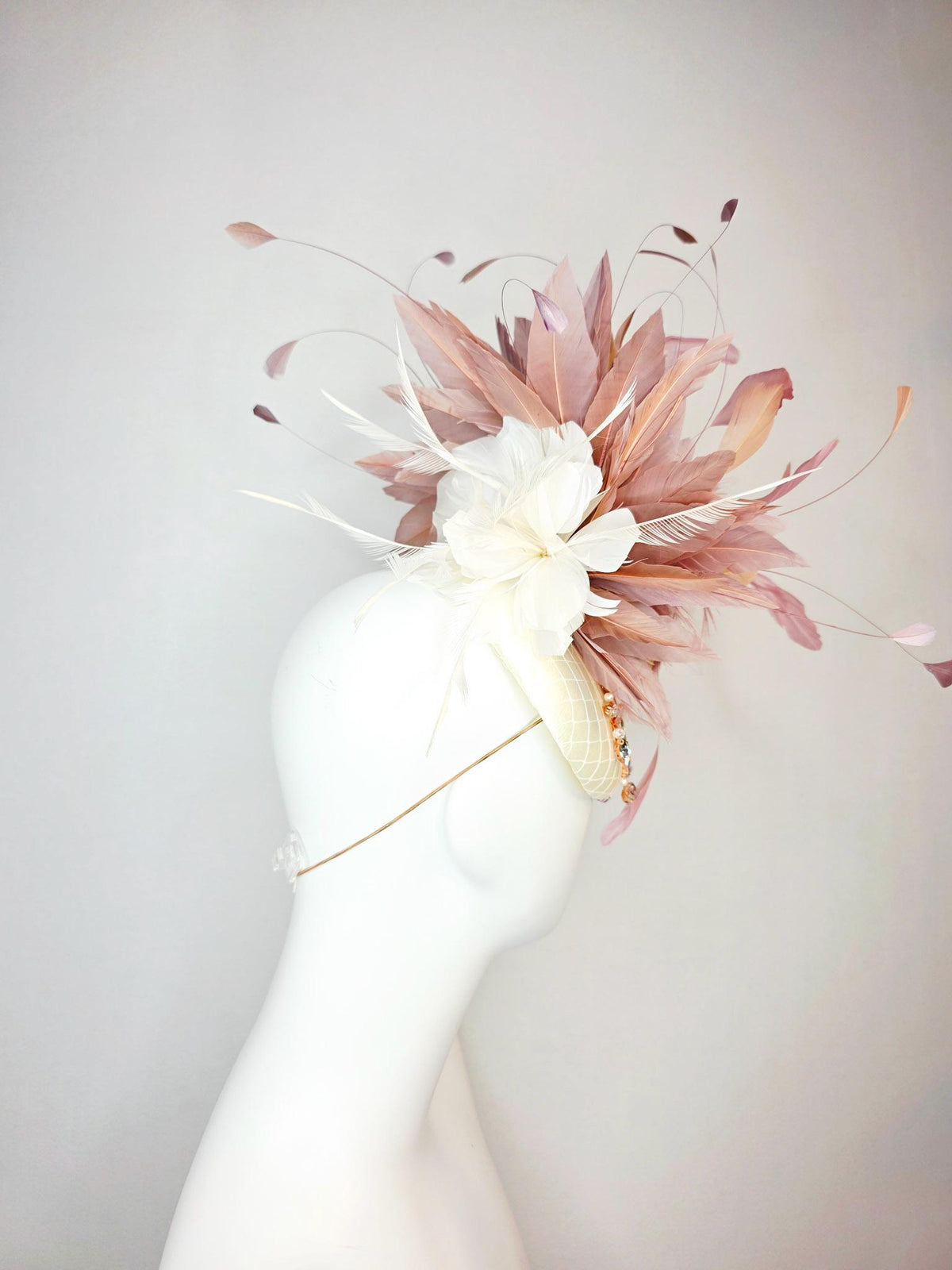 kentucky derby hat fascinator champagne ivory satin with netting leaf vine crystal pearl rhinestone dusty rose mauve pink white feathers
