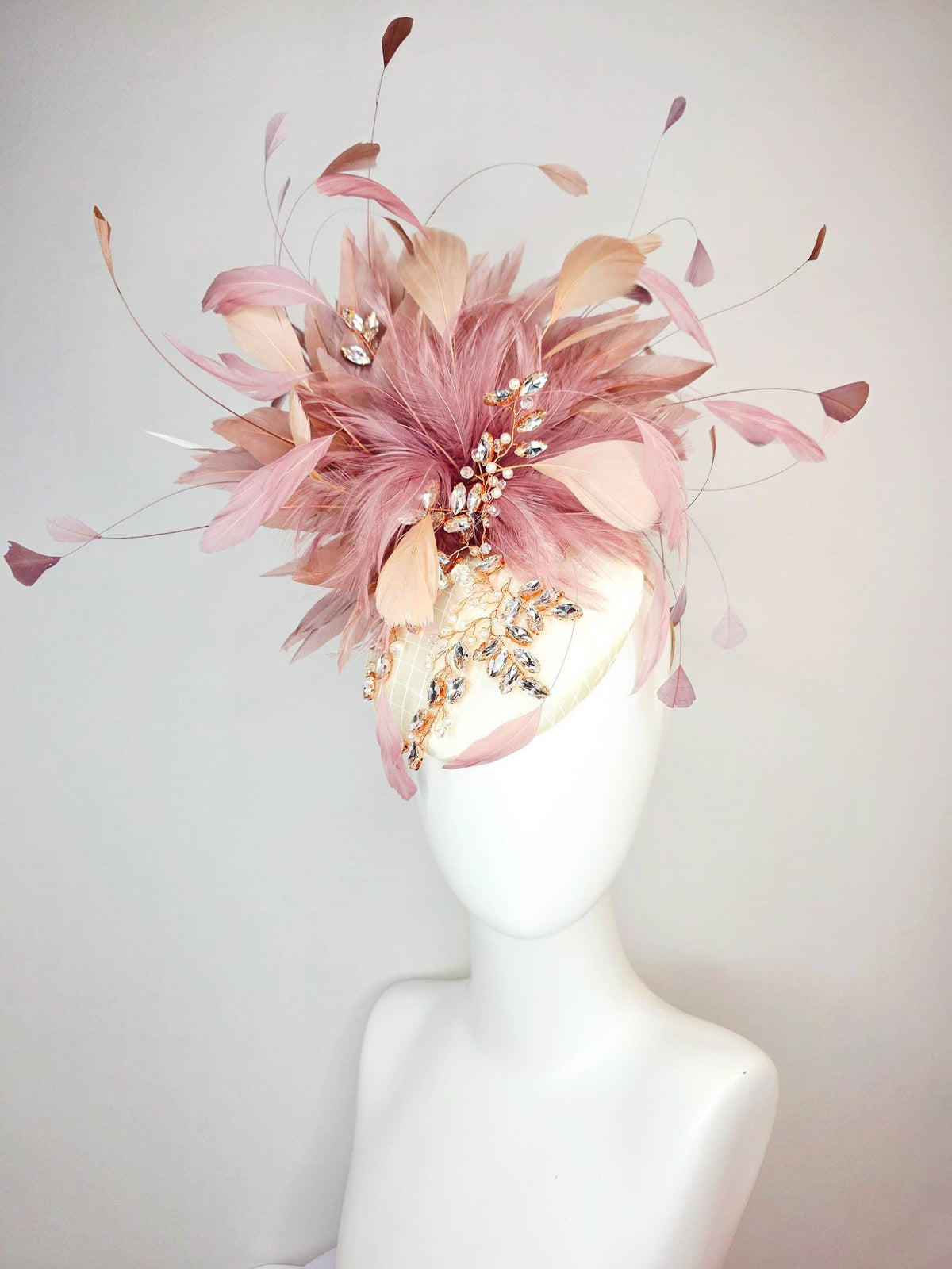 kentucky derby hat fascinator champagne ivory satin with netting leaf vine crystal pearl rhinestone dusty rose mauve pink white feathers