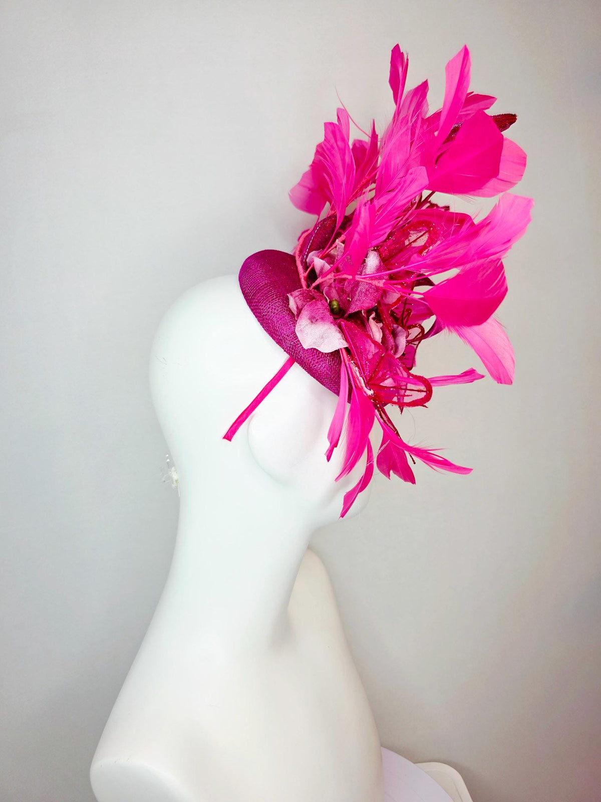 kentucky derby hat fascinator magenta pink sinamay with curls pink ombre satin flowers fuchsia pink feathers hot pink glitter butterflies