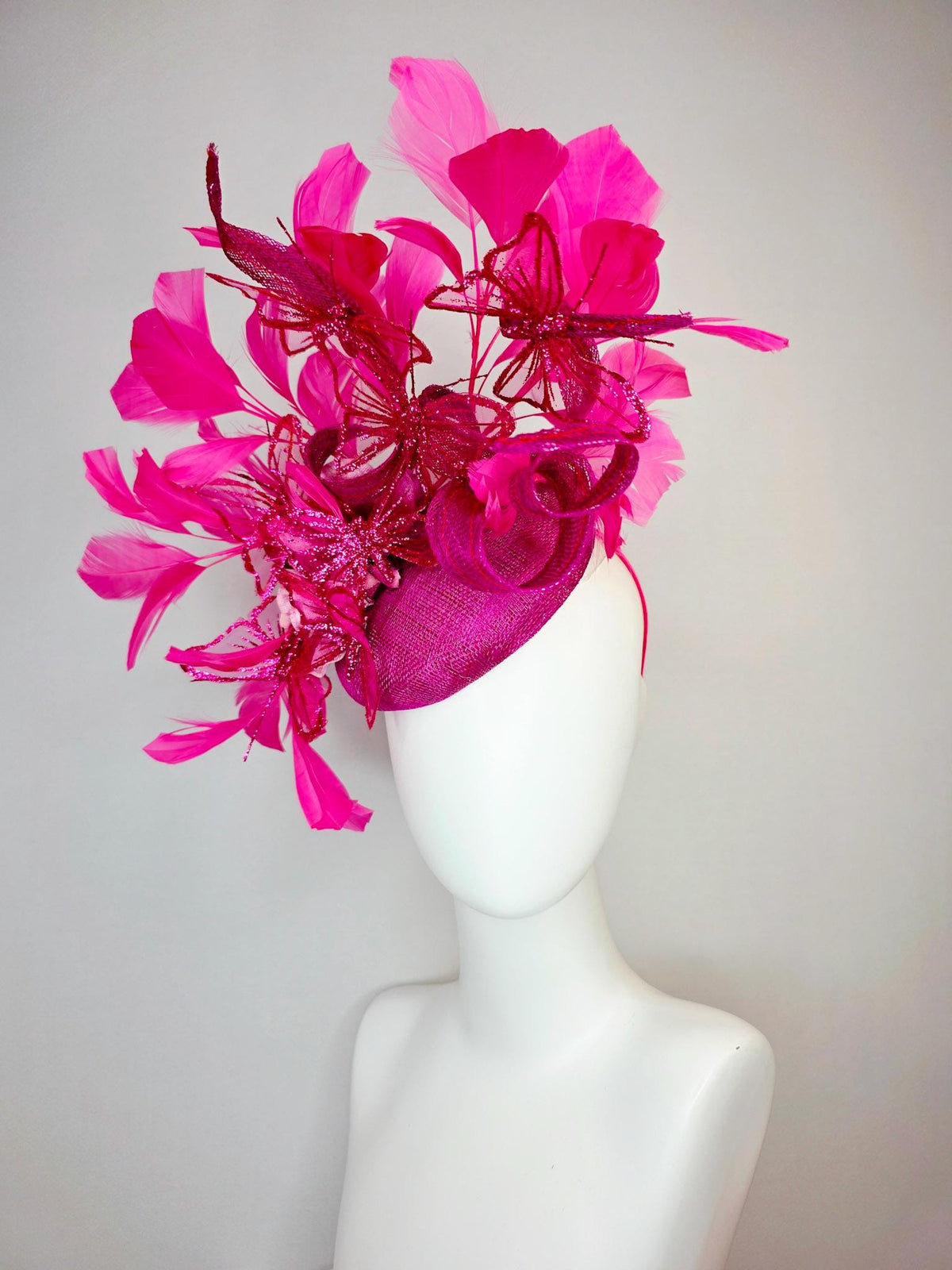 kentucky derby hat fascinator magenta pink sinamay with curls pink ombre satin flowers fuchsia pink feathers hot pink glitter butterflies