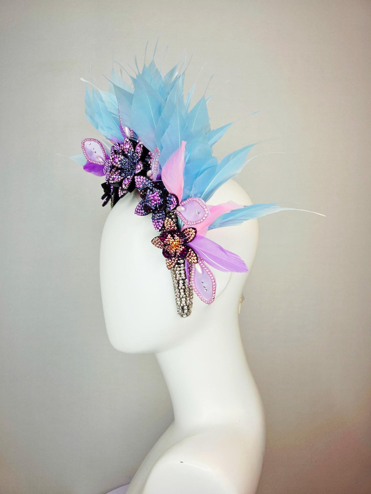 kentucky derby hat fascinator swarovski crystal headband lilac purple blue black crystal flowers sky blue lavender purple baby pink feathers