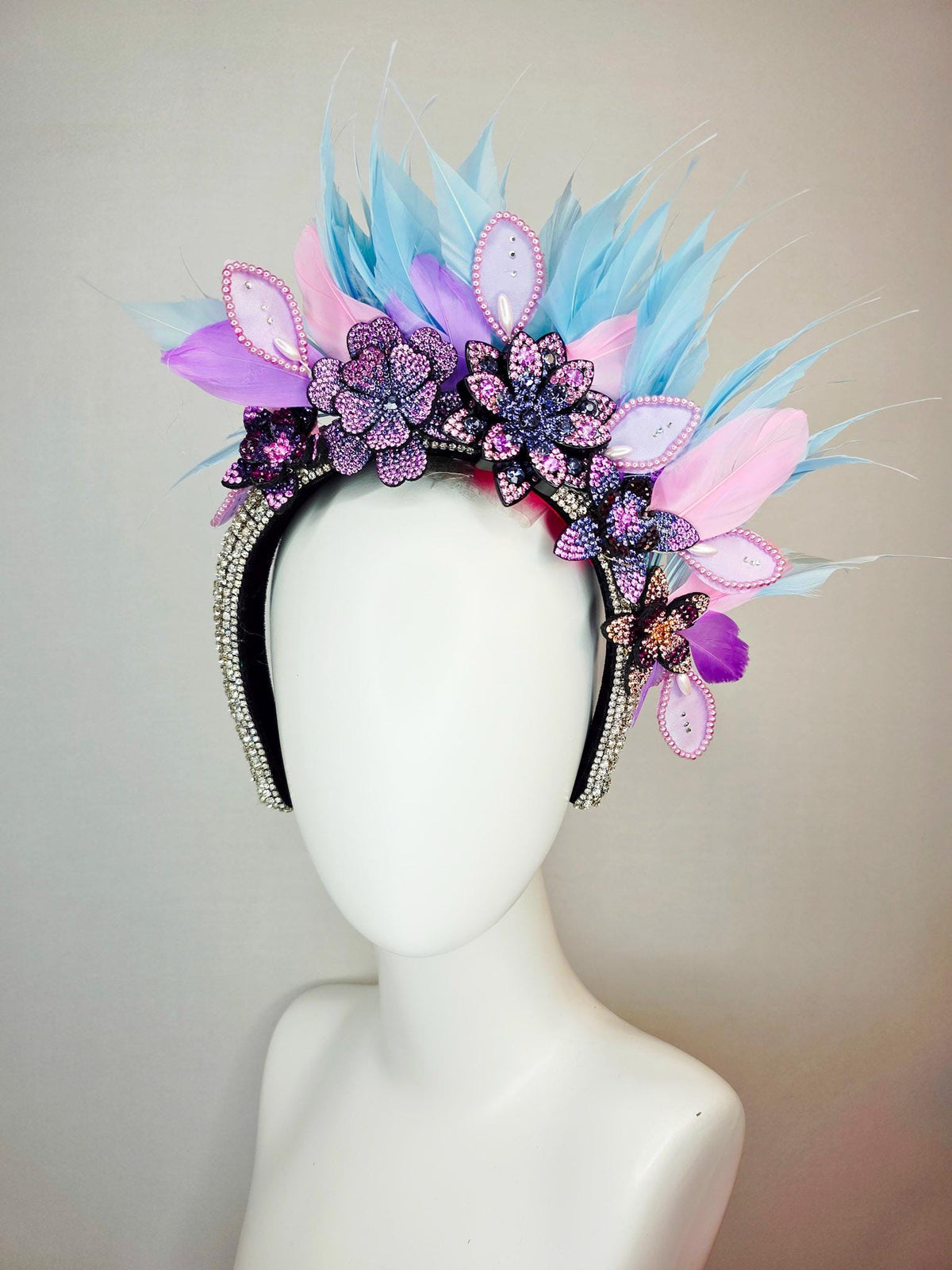 kentucky derby hat fascinator swarovski crystal headband lilac purple blue black crystal flowers sky blue lavender purple baby pink feathers
