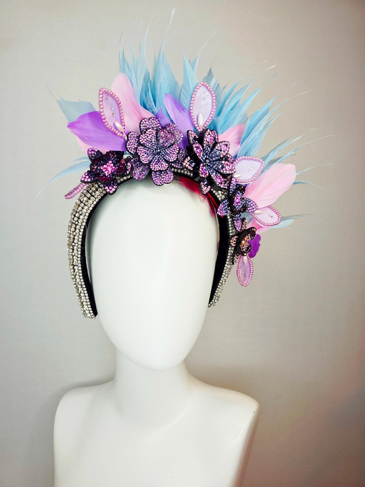 kentucky derby hat fascinator swarovski crystal headband lilac purple blue black crystal flowers sky blue lavender purple baby pink feathers