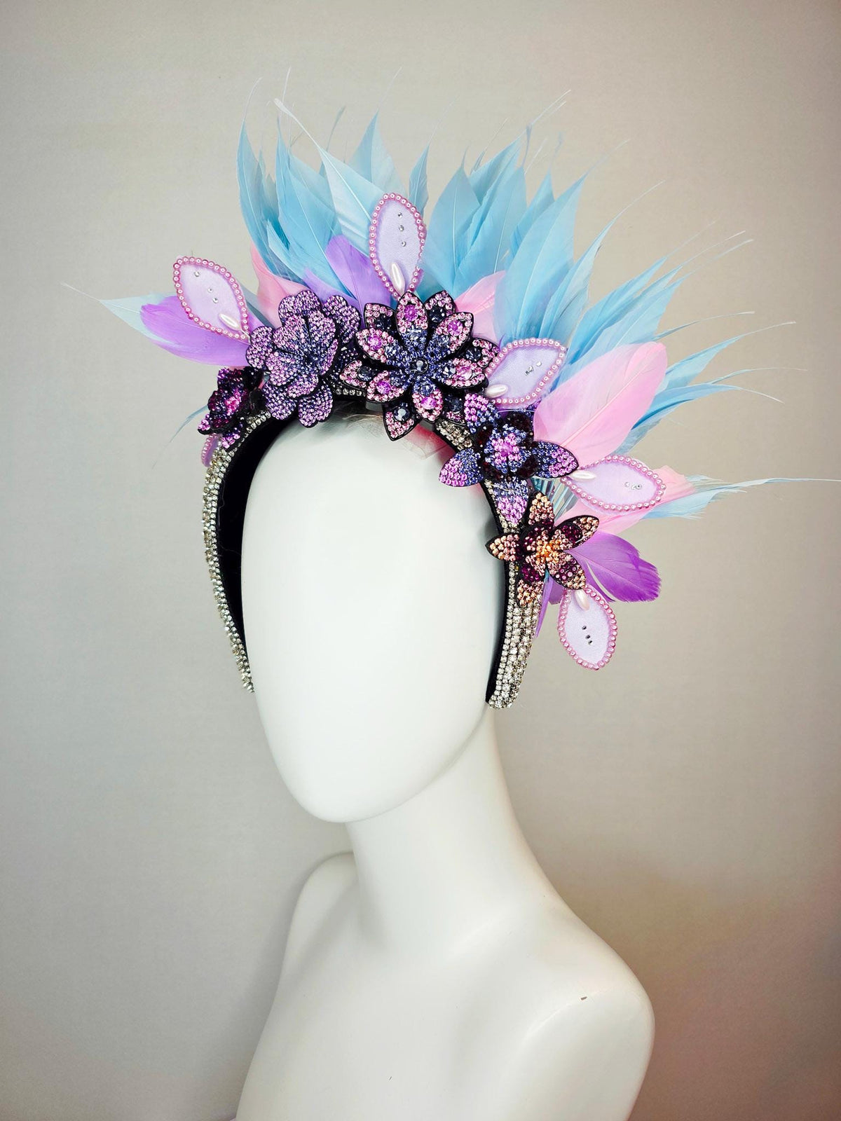 kentucky derby hat fascinator swarovski crystal headband lilac purple blue black crystal flowers sky blue lavender purple baby pink feathers