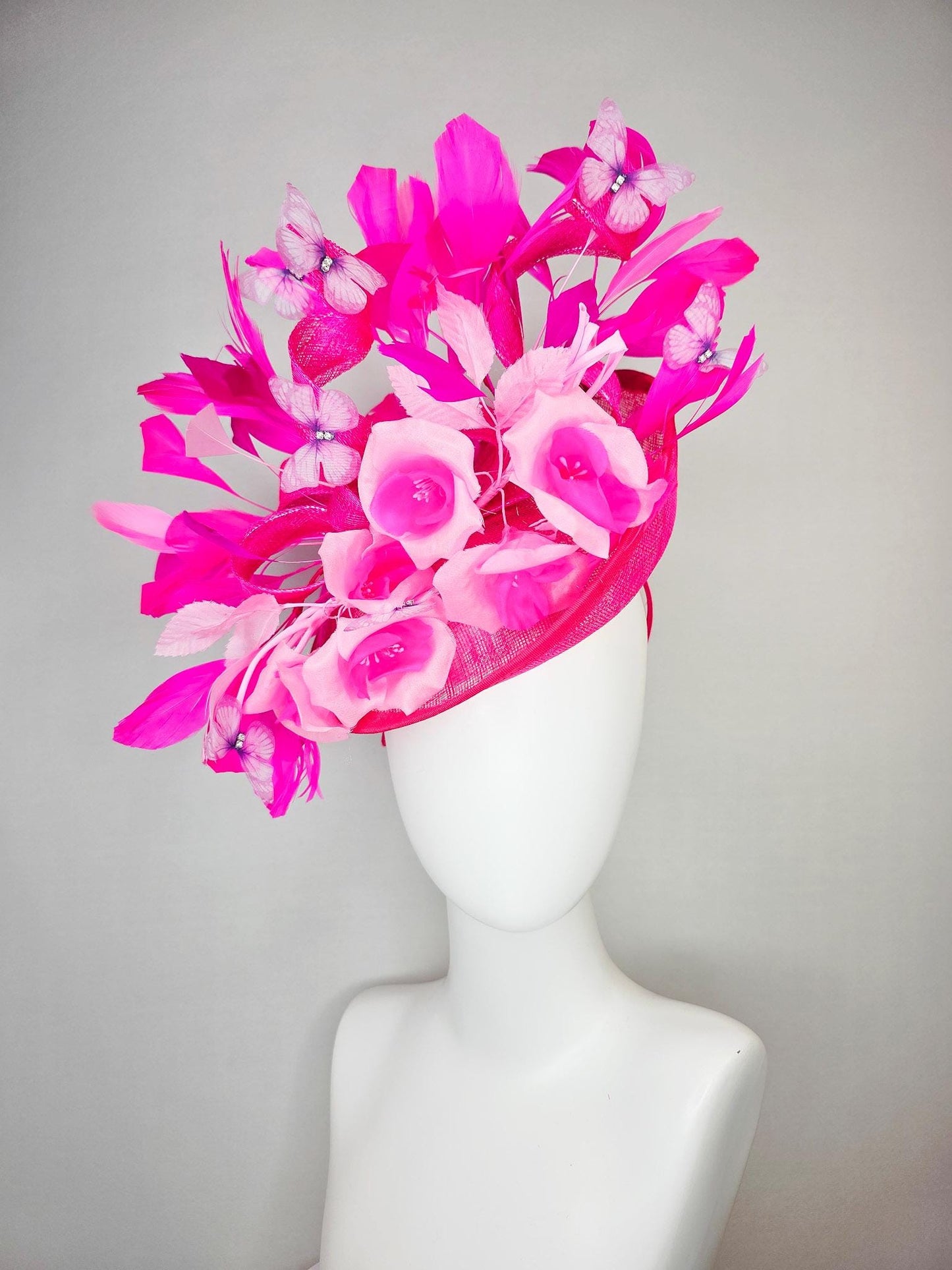 kentucky derby hat fascinator hot pink sinamay saucer blush pink satin flowers light pink leaves bright pink fuchsia feathers butterflies
