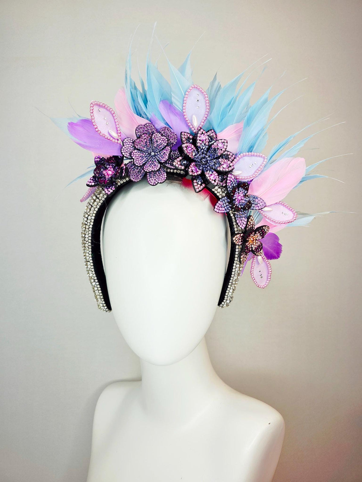 kentucky derby hat fascinator swarovski crystal headband lilac purple blue black crystal flowers sky blue lavender purple baby pink feathers