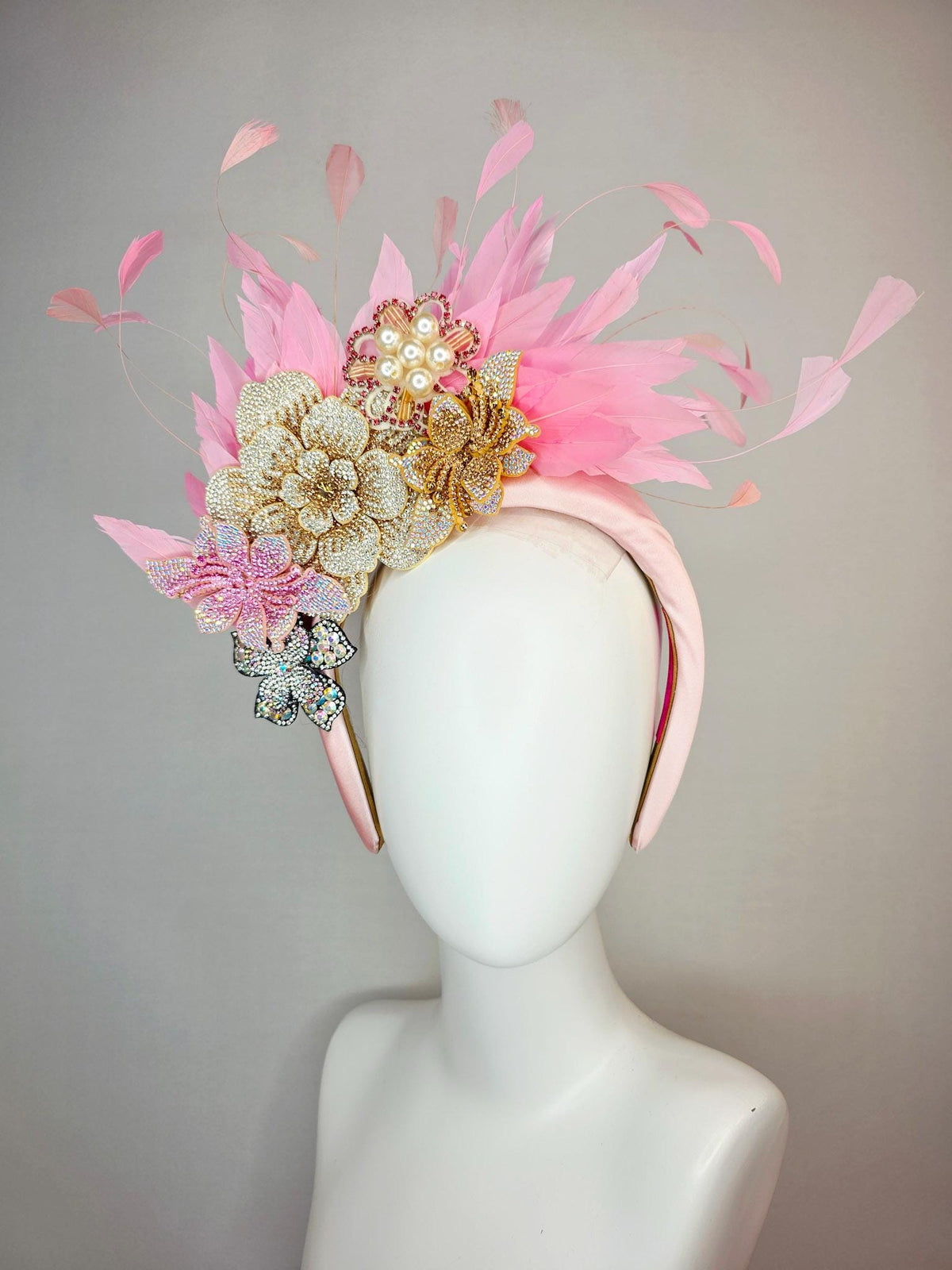 kentucky derby hat fascinator light pink satin headband iridescent pink cooper gold pearl crystal flowers and baby pink branching feathers