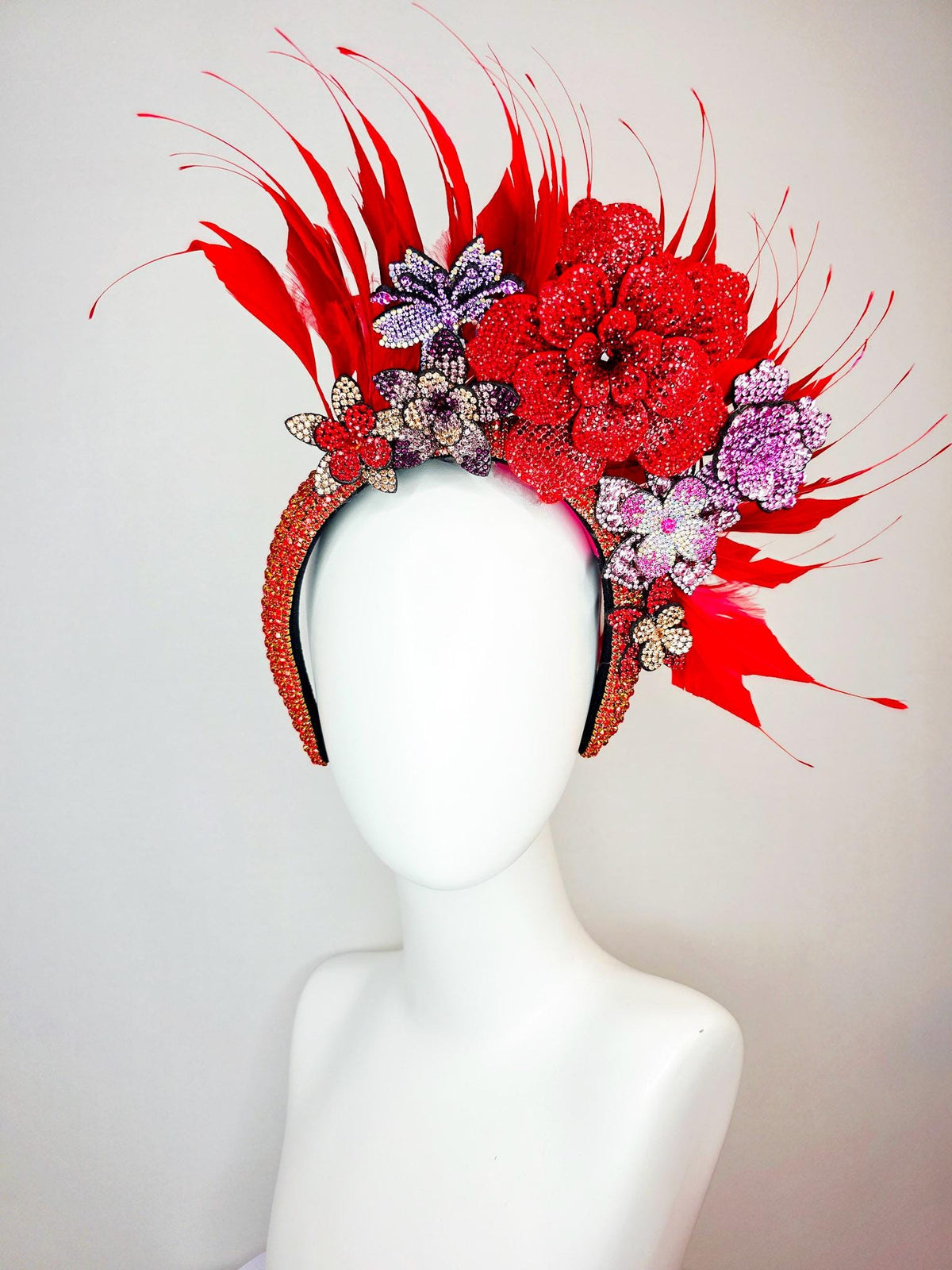 kentucky derby hat fascinator red Swarovski crystal headband with lavender lilac purple pink gold red crystal flowers scarlet red feathers