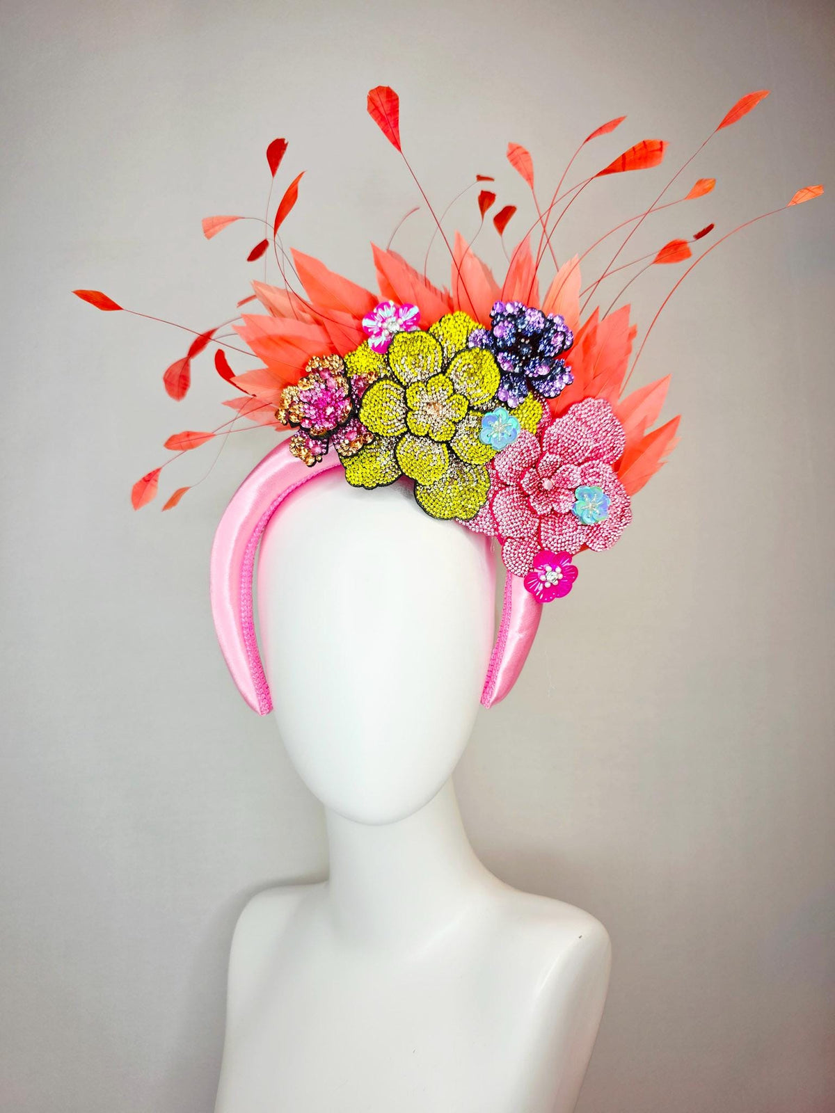 kentucky derby hat fascinator baby pink satin headband with colorful lavender purple yellow pink gold crystal flowers coral orange feathers