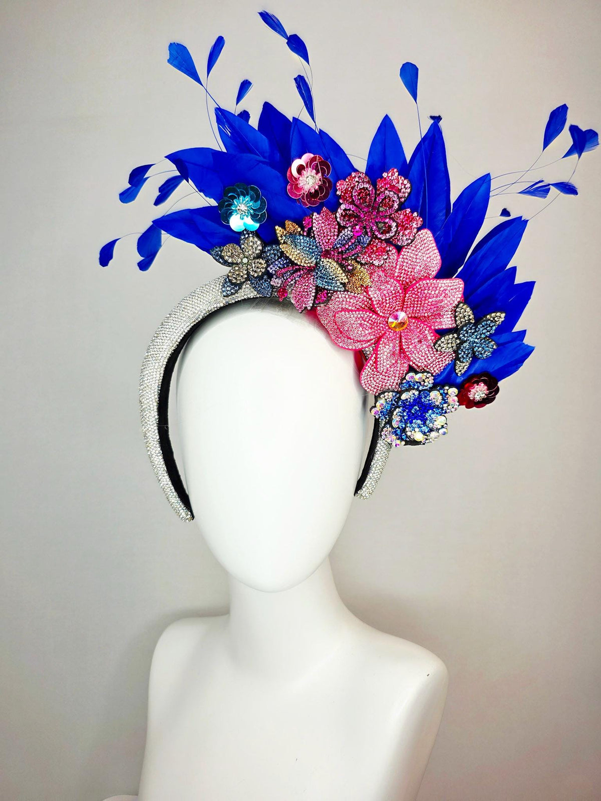 kentucky derby hat fascinator Swarovski crystal headband with blue yellow gold red pink crystal flowers and cobalt royal blue feathers