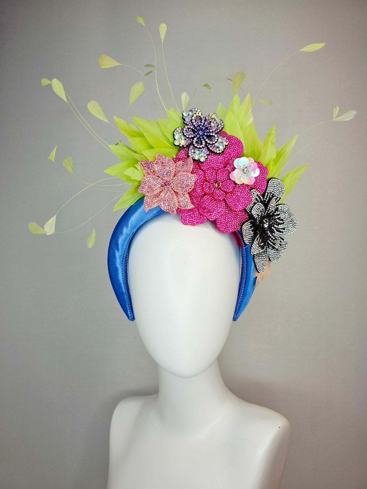 kentucky derby hat fascinator cobalt blue satin headband with silver black pink iridescent pink purple crystal flowers lime green feathers