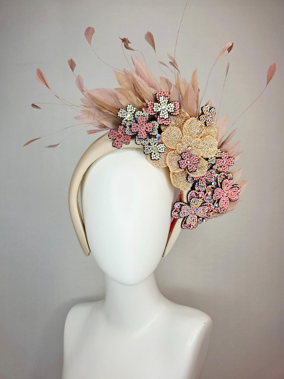 kentucky derby hat fascinator champagne beige satin headband iridescent purple light pink gold crystal flowers dusty rose beige tan feathers