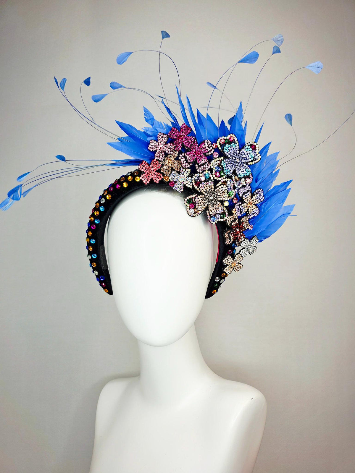 kentucky derby hat fascinator black velvet headband with colorful crystals pink purple blue green gold crystal flowers royal blue feathers