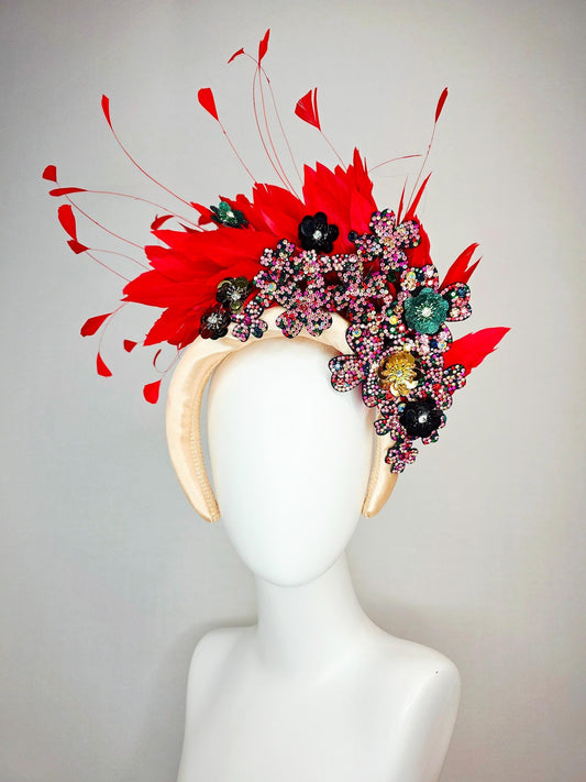 kentucky derby hat fascinator ivory champagne satin headband with colorful black red pink green gold crystal flowers scarlet red feathers