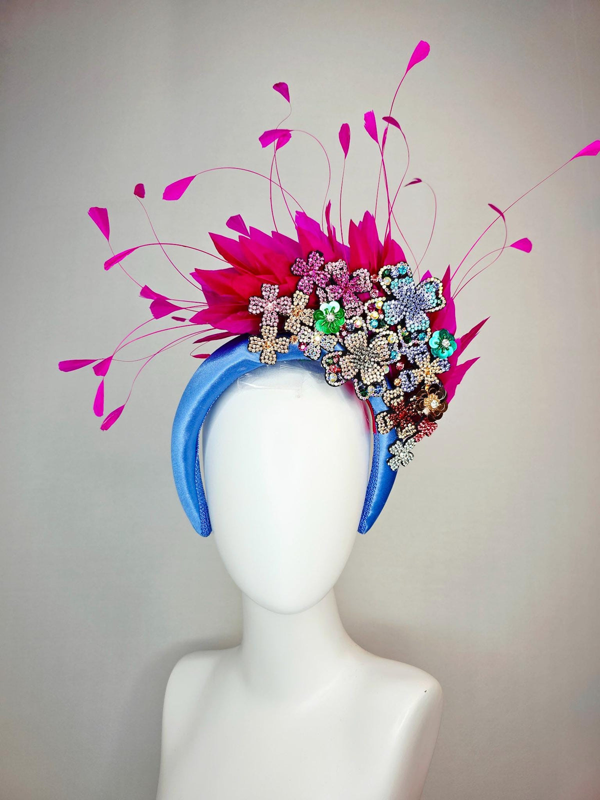 kentucky derby hat fascinator blue satin headband with colorful silver gold red pink green blue purple crystal flowers bright pink feathers