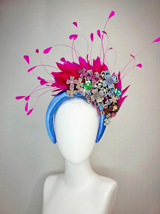 kentucky derby hat fascinator blue satin headband with colorful silver gold red pink green blue purple crystal flowers bright pink feathers