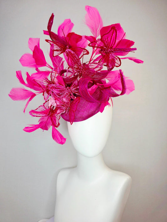 kentucky derby hat fascinator magenta pink sinamay with curls pink ombre satin flowers fuchsia pink feathers hot pink glitter butterflies