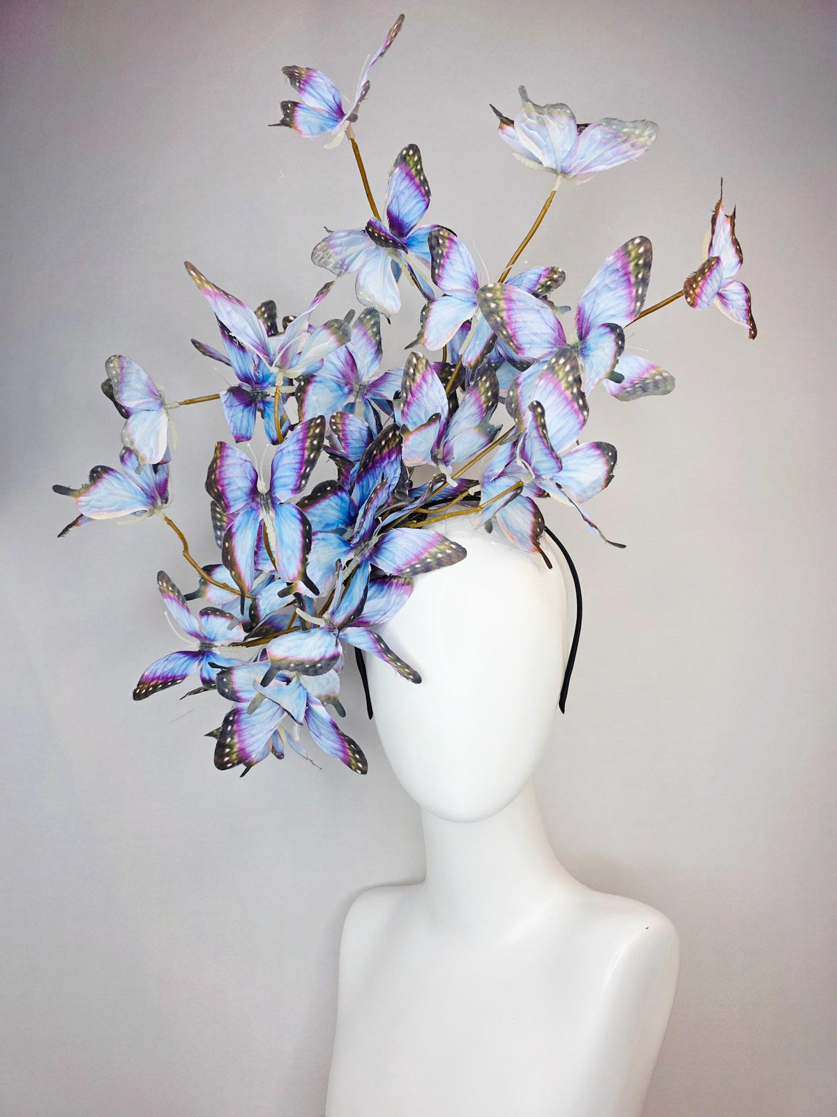 kentucky derby hat fascinator large branching light violet lavender purple light blue black fabric butterflies on headband