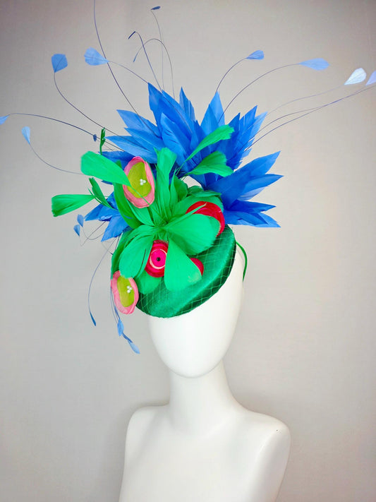 kentucky derby hat fascinator emerald green satin with netting emerald green feathers pink red lime green satin flowers royal blue feathers