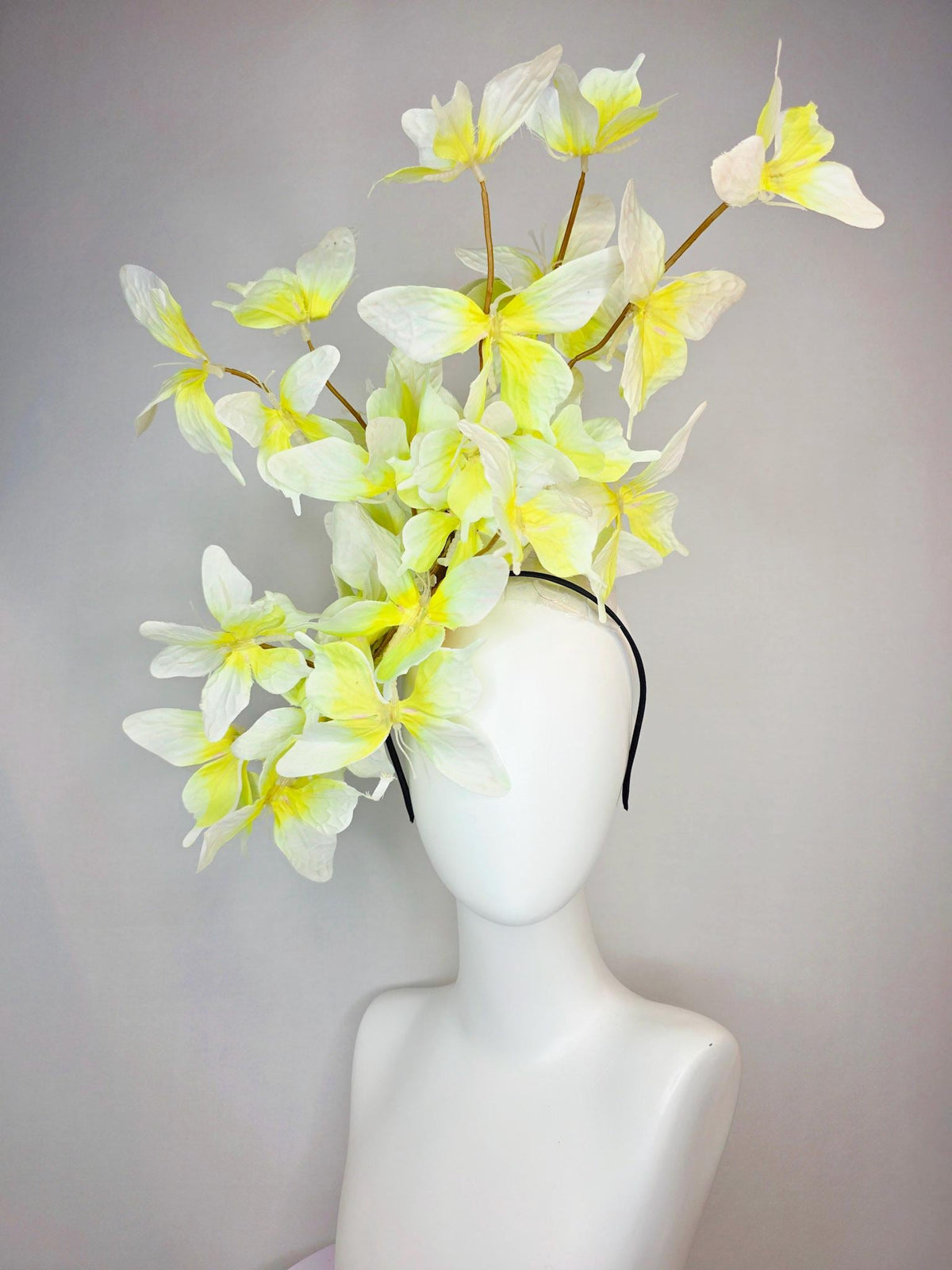 kentucky derby hat fascinator large branching ivory white yellow fabric butterflies on headband